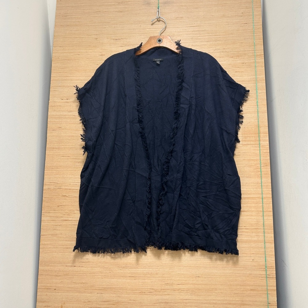 Talbots Navy Blue Open Front Fringe Knit Cardigan Vest ML Sleeveless Layering